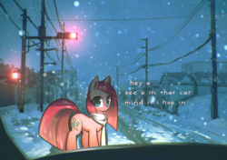 Size: 1700x1199 | Tagged: safe, artist:mirroredsea, edit, pinkie pie, earth pony, pony, g4, caption, clothes, female, headlights, image macro, looking at you, mare, pinkamena diane pie, scarf, snow, snowfall, talking to viewer, text, text edit