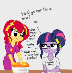 Size: 1264x1270 | Tagged: safe, artist:tjpones edits, color edit, colorist:nightshadowmlp, edit, sci-twi, sunset shimmer, twilight sparkle, equestria girls, g4, colored, dialogue, female, flirting, glasses, implied lesbian, implied one-sided shipping, implied scitwishimmer, implied shipping, pencil, pencil behind ear, subtle as a train wreck