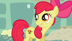 Size: 1280x720 | Tagged: safe, screencap, apple bloom, earth pony, pony, call of the cutie, g4, apple bloom's bow, bow, fake cutie mark, female, filly, hair bow, happy, smiling