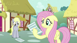 Size: 1280x720 | Tagged: safe, screencap, derpy hooves, fluttershy, g4, hurricane fluttershy, confused, flyer, house, paper, ponyville, tree