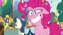Size: 1280x720 | Tagged: safe, screencap, bon bon, comet tail, pinkie pie, sweetie drops, g4, secrets and pies, balloon, bloodshot eyes, crazy face, crazy smile, faic, flag, smiling, table, tree