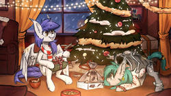 Size: 2494x1411 | Tagged: safe, artist:lonerdemiurge_nail, oc, oc only, oc:gabriel, oc:mythic, oc:nail, bat pony, pegasus, pony, :o, bat pony oc, blushing, bowl, bracelet, chest fluff, christmas, christmas tree, clothes, coffee, cute, ear fluff, ear tufts, eyebrows, eyebrows visible through hair, eyes on the prize, face down ass up, fangs, featured image, female, fluffy, holiday, hoof fluff, jewelry, leg fluff, mare, ocbetes, open mouth, present, scarf, spread wings, tree, wide eyes, window, wing fluff, wings