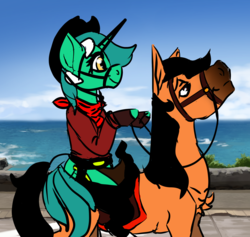 Size: 1900x1800 | Tagged: safe, artist:brainiac, derpibooru exclusive, lyra heartstrings, horse, pony, unicorn, g4, assless chaps, behaving like a human, bridle, chaps, clothes, cowboy hat, cursed image, dreamworks, fingerless gloves, flannel, gloves, handkerchief, hat, horse riding a horse, ponies riding horses, riding, spirit: stallion of the cimarron, tack, wat
