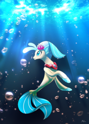 Size: 1800x2500 | Tagged: dead source, safe, artist:renokim, princess skystar, seapony (g4), g4, my little pony: the movie, bioluminescent, blue eyes, bubble, crepuscular rays, digital art, eyelashes, female, fin wings, fins, fish tail, flower, flower in hair, freckles, high res, jewelry, lonely, necklace, ocean, pearl necklace, scales, signature, smiling, solo, sunlight, swimming, tail, underwater, water, wings