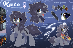 Size: 1280x855 | Tagged: safe, artist:hioshiru, oc, oc only, oc:kate, owl, pony, unicorn, blue background, chest fluff, clothes, color palette, cutie mark, ear fluff, female, fluffy tail, fourth doctor's scarf, leg fluff, magic, pen, profile, reference sheet, scarf, sign, sitting, standing, striped scarf, tail fluff, tongue out