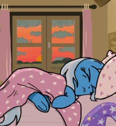 Size: 317x345 | Tagged: artist needed, safe, trixie, pony, unicorn, g4, bed, clothes, female, hat, pillow, solo, sunrise, trixie's hat