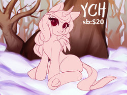 Size: 1200x900 | Tagged: safe, artist:yasuokakitsune, oc, oc only, alicorn, pony, advertisement, commission, cutie, forest, looking at you, scenery, sitting, snow, solo, tree, winter, ych example, your character here