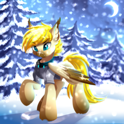 Size: 4069x4087 | Tagged: safe, artist:airiniblock, oc, oc only, pegasus, pony, rcf community, absurd resolution, clothes, commission, crescent moon, cute, fir tree, forest, moon, ocbetes, raised hoof, smiling, snow, snowfall, snowflake, solo, tree, winter