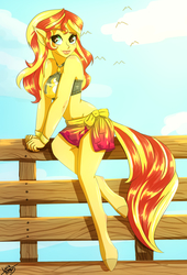 Size: 2180x3200 | Tagged: safe, artist:lucaaegus, sunset shimmer, anthro, equestria girls, equestria girls specials, g4, my little pony equestria girls: better together, my little pony equestria girls: forgotten friendship, belly button, bikini, clothes, cloud, female, high res, lipstick, pony ears, ponytail, sarong, sexy, sky, solo, swimsuit
