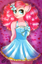 Size: 1308x1992 | Tagged: safe, artist:lucaaegus, pinkie pie, earth pony, anthro, g4, clothes, cute, dress, female, heart, lipstick, solo