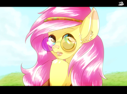 Size: 2300x1700 | Tagged: safe, artist:lucaaegus, fluttershy, anthro, g4, clothes, cloud, female, glasses, headband, hippie, hippieshy, lipstick, looking back, sky