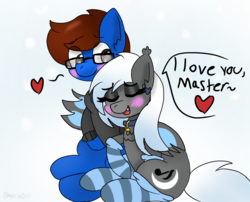 Size: 1217x984 | Tagged: safe, artist:darkwolfhybrid, oc, oc only, oc:moonlight melody, oc:quillian ink, bat pony, earth pony, pony, bat pony oc, blushing, clothes, collar, cute, ear fluff, earth pony oc, glasses, heart, master, smiling, socks, speech, striped socks, sweater