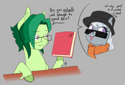 Size: 2230x1529 | Tagged: safe, artist:appelknekten, derpibooru exclusive, silver spoon, oc, oc:appel, earth pony, pony, g4, blatant lies, book, clothes, disguise, eye clipping through hair, fake moustache, female, filly, hat, male, nervous, obvious lie is obvious, scarf, sketch, stallion, sunglasses, sweat