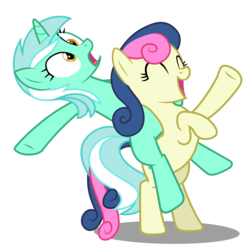 Size: 4200x4200 | Tagged: safe, artist:mundschenk85, bon bon, lyra heartstrings, sweetie drops, earth pony, pony, unicorn, comic:all in good fun, g4, ^^, absurd resolution, amused, bipedal, bon bon is amused, duo, eyes closed, female, hoof in air, lyra riding bon bon, mare, open mouth, ponies riding ponies, raised hoof, rearing, riding, ship:lyrabon, shipping, show accurate, simple background, transparent background, vector