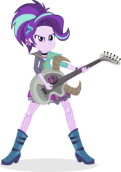 Size: 2979x4247 | Tagged: safe, artist:punzil504, starlight glimmer, equestria girls, g4, alternate hairstyle, boots, clothes, clothes swap, electric guitar, female, fishnet stockings, grin, guitar, high res, musical instrument, pantyhose, punk, shoes, simple background, skirt, smiling, solo, transparent background