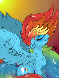 Size: 2534x3324 | Tagged: safe, artist:lunarcipher1, rainbow dash, pegasus, pony, g4, beautiful, cute, dashabetes, digital art, female, floppy ears, full body, high res, large wings, long mane, mare, sky, smiling, solo, sun, wings