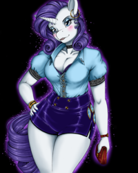 Size: 1636x2048 | Tagged: safe, artist:longinius, rarity, unicorn, anthro, g4, big breasts, blushing, bra, bracelet, breasts, choker, cleavage, clothes, ear piercing, earring, female, hand on hip, jewelry, looking at you, mare, piercing, purse, shorts, solo, underwear, watch, wide hips, wristwatch