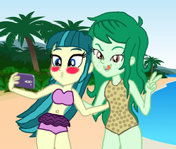 Size: 2000x1687 | Tagged: safe, artist:ktd1993, juniper montage, wallflower blush, equestria girls, equestria girls specials, g4, my little pony equestria girls: better together, beach, bikini, blushing, clothes, female, lesbian, licking, licking lips, selfie, ship:juniblush, shipping, swimsuit, tongue out