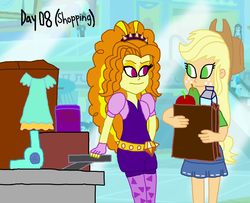 Size: 1800x1458 | Tagged: safe, artist:bigpurplemuppet99, adagio dazzle, applejack, aqua blossom, curly winds, some blue guy, velvet sky, equestria girls, equestria girls series, g4, apple, canterlot mall, clothes, dazzlejack, dress, dryer, female, food, grocery bag, lesbian, looking at each other, milk carton, pear, shipping