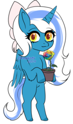 Size: 660x1120 | Tagged: safe, artist:draakots, oc, oc only, oc:fleurbelle, alicorn, pony, alicorn oc, bow, female, flower, flower pot, hair bow, mare, rose, simple background, transparent background