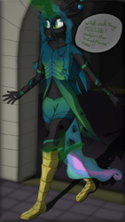 Size: 4320x7680 | Tagged: safe, artist:littlepony115, princess celestia, queen chrysalis, alicorn, changeling, changeling queen, anthro, g4, absurd resolution, antagonist, armor, canterlot, canterlot castle, changeling magic, crown, fangs, female, jewelry, magic, mare, monarch, queen, regalia, ribcage, ribs, solo, speech, speech bubble, text, transformation, vignette