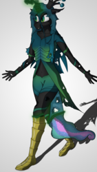 Size: 4320x7680 | Tagged: safe, artist:littlepony115, princess celestia, queen chrysalis, alicorn, changeling, changeling queen, anthro, g4, absurd resolution, antagonist, armor, crown, disguise, disguised changeling, fangs, female, jewelry, magic, mare, monarch, queen, regalia, ribcage, ribs, simple background, solo, transformation, vignette