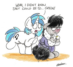 Size: 1802x1648 | Tagged: safe, artist:bobthedalek, dj pon-3, octavia melody, vinyl scratch, earth pony, pony, unicorn, g4, bathrobe, clothes, duo, female, handkerchief, mare, messy mane, octavia is not amused, red nosed, robe, sick, simple background, traditional art, unamused, white background