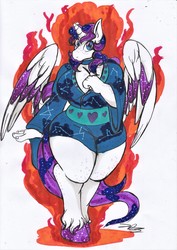 Size: 2480x3507 | Tagged: safe, artist:friskyhellspawn, oc, oc only, oc:solestiaglimmers, alicorn, anthro, alicorn oc, big breasts, big eyes, breasts, clothes, cute, doodle, female, fire, high res, kimono minidress, looking at you, messy doodle, plump, solo, sparkly, thick, traditional art, unshorn fetlocks, wide hips