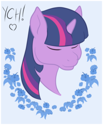 Size: 1416x1709 | Tagged: safe, artist:brightroom, twilight sparkle, pony, g4, advertisement, bust, eyes closed, female, flower, horn, simple background, smiling, solo, ych example, your character here