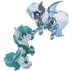 Size: 1024x1024 | Tagged: safe, artist:_spacemonkeyz_, oc, oc only, oc:moonlight melody, oc:starfall, bat pony, pony, boop, chest fluff, clothes, collar, duo, female, flying, male, mare, simple background, socks, stallion, striped socks, sweater, transparent background