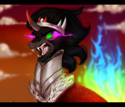 Size: 1024x882 | Tagged: safe, artist:gloriajoy, king sombra, pony, g4, angry, armor, cape, clothes, cloud, cloudy, crown, curved horn, dark magic, fangs, fire, green fire, horn, jewelry, magic, male, open mouth, regalia, sharp teeth, sideburns, solo, sombra eyes, teeth