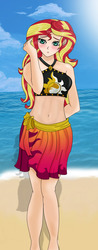 Size: 515x1312 | Tagged: safe, artist:anonix123, sunset shimmer, human, equestria girls, g4, my little pony equestria girls: better together, adorasexy, beach, belly button, bikini, blushing, clothes, cute, female, humanized, ocean, sad, sand, sarong, sexy, solo, swimsuit, worried