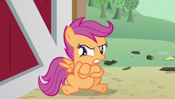 Size: 1280x720 | Tagged: safe, screencap, scootaloo, pony, g4, one bad apple, angry, barn, crossed hooves, door, female, solo