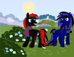 Size: 3134x2419 | Tagged: safe, alternate version, artist:sorasleafeon, oc, oc only, oc:airwave, oc:shadow sora, pony, unicorn, clothes, duo, high res, male, mischievous, red and black oc, scarf, smiling