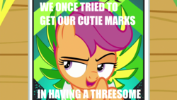 Size: 1280x720 | Tagged: safe, edit, edited screencap, screencap, scootaloo, pony, g4, the washouts (episode), caption, female, filly, image macro, impact font, implied cutie mark crusaders, implied sex, implied threesome, poster, raised eyebrow, solo, text