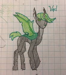 Size: 1806x2046 | Tagged: safe, artist:poni-beast, oc, oc only, oc:veil, changeling, changeling oc, graph paper, green changeling, solo, traditional art