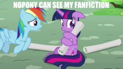 Size: 1280x720 | Tagged: safe, edit, edited screencap, screencap, rainbow dash, twilight sparkle, alicorn, pony, g4, the washouts (episode), caption, caught, cute, duo, female, floppy ears, flying, image macro, impact font, implied fanfiction, mare, nervous, poster, text, twiabetes, twilight sparkle (alicorn)