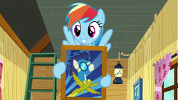 Size: 1280x720 | Tagged: safe, edit, edited screencap, screencap, rainbow dash, soarin', g4, the washouts (episode), clubhouse, crusaders clubhouse, ladder, lantern, rainbow dash's poster, window