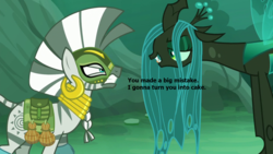 Size: 1280x720 | Tagged: safe, edit, edited screencap, screencap, queen chrysalis, zecora, changeling, changeling queen, pony, zebra, g4, the cutie re-mark, alternate timeline, chrysalis resistance timeline, everfree forest, female, forest, meme, resistance leader zecora, threat, transmogrification, u mad