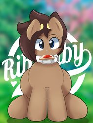 Size: 3107x4096 | Tagged: safe, artist:ribiruby, oc, oc only, oc:ruby, oc:ruby big heart, earth pony, pony, bread, collar, cow horns, female, food, looking at you, mare, mouth hold, sitting, solo, toast