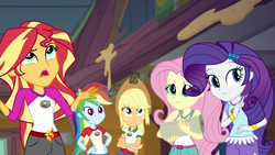 Size: 1920x1080 | Tagged: safe, screencap, applejack, fluttershy, rainbow dash, rarity, sunset shimmer, equestria girls, g4, my little pony equestria girls: legend of everfree, annoyed, applejack's hat, camp everfree logo, camp everfree outfits, clothes, cowboy hat, female, hat, sleeveless, tank top