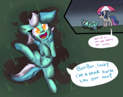 Size: 2500x1962 | Tagged: safe, artist:lockheart, bon bon, lyra heartstrings, sweetie drops, earth pony, pony, unicorn, g4, :c, :p, >:c, angry, annoyed, belly button, bon bon is not amused, butt, chest fluff, colored pupils, cute, dirty, dock, duo, female, floppy ears, frown, glare, grass, horses doing horse things, lyrabetes, mare, mouthpiece, mud, mud pony, on back, open mouth, out of character, plot, pun, racism, rain, rolling, shoulder fluff, silly, silly pony, smiling, speech bubble, spread legs, spreading, this will end in a night on the couch, this will not end well, tongue out, umbrella, unamused, underhoof