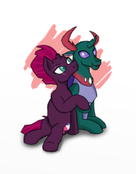 Size: 550x700 | Tagged: safe, artist:eulicious, fizzlepop berrytwist, pharynx, tempest shadow, changedling, changeling, pony, unicorn, g4, broken horn, crack shipping, eye scar, holding hooves, horn, interspecies, prince pharynx, scar, ship:tempynx, shipping, simple background
