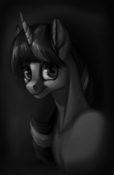 Size: 800x1224 | Tagged: safe, artist:splatterpaint-donkey, twilight sparkle, pony, g4, black and white, bust, female, grayscale, looking at you, mare, monochrome, portrait, smiling, solo