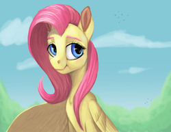 Size: 6600x5100 | Tagged: safe, artist:splatterpaint-donkey, fluttershy, pegasus, pony, g4, absurd resolution, aside glance, bust, cloud, female, looking at you, mare, one wing out, outdoors, sky, smiling, solo, three quarter view, wings