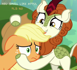 Size: 954x864 | Tagged: safe, edit, edited screencap, screencap, applejack, autumn blaze, earth pony, kirin, pony, g4, sounds of silence, applejack's hat, appul, bad touch, cloven hooves, cowboy hat, duo, female, floppy ears, hat, mare, personal space invasion, pls, pls no, text, text edit