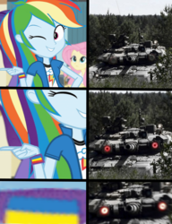Size: 1000x1300 | Tagged: safe, edit, edited screencap, screencap, rainbow dash, equestria girls, g4, my little pony equestria girls: rainbow rocks, dazzlers, flag, harsher in hindsight, meme, military, one eye closed, op is a separatist, politota, russia, smiling, t-90, tank (vehicle), tank eyes, this will end in death, ukraine, war, wink