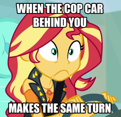 Size: 1118x1078 | Tagged: safe, edit, edited screencap, screencap, sunset shimmer, driving miss shimmer, driving miss shimmer: fluttershy, equestria girls, g4, my little pony equestria girls: better together, caption, car, driving, female, image macro, impact font, meme, steering wheel, text