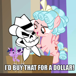 Size: 1076x1080 | Tagged: safe, edit, edited screencap, screencap, cozy glow, pegasus, pony, g4, school raze, caption, female, filly, i'd buy that for a dollar, image macro, photoshop, robocop, skull, text, the ghost show, the man they call ghost, true capitalist radio