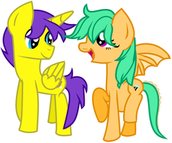 Size: 2296x1908 | Tagged: safe, artist:drawingwithbleonayt, oc, oc:honey drops, oc:orion galaxy, alicorn, hybrid, pony, alicorn oc, couple, female, husband and wife, interspecies offspring, looking at each other, male, married couple, oc x oc, offspring, offspring shipping, parent:discord, parent:flash sentry, parent:fluttershy, parent:twilight sparkle, parents:discoshy, parents:flashlight, pregnant, shipping, straight